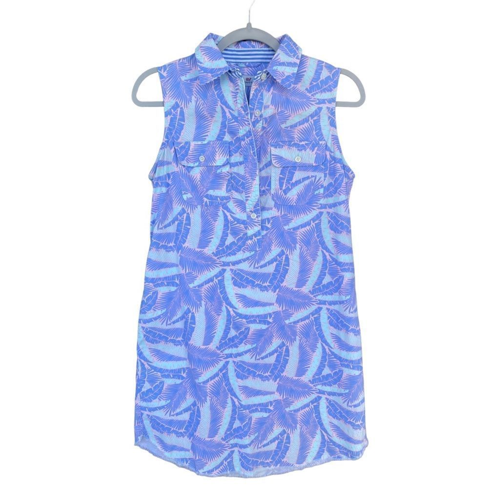 VINEYARD VINES Island Palm Margo Shirt Dress Cotton Sleeveless Blue Raw Hem Sz4